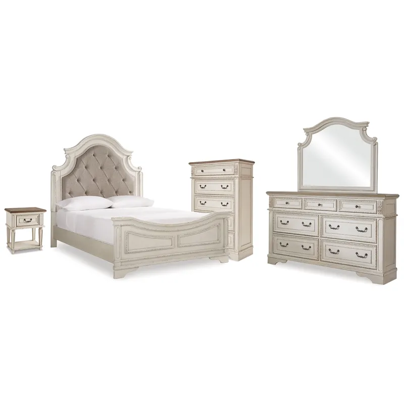 Realyn Queen Panel Bed Dresser, Mirror, Chest and Nightstand