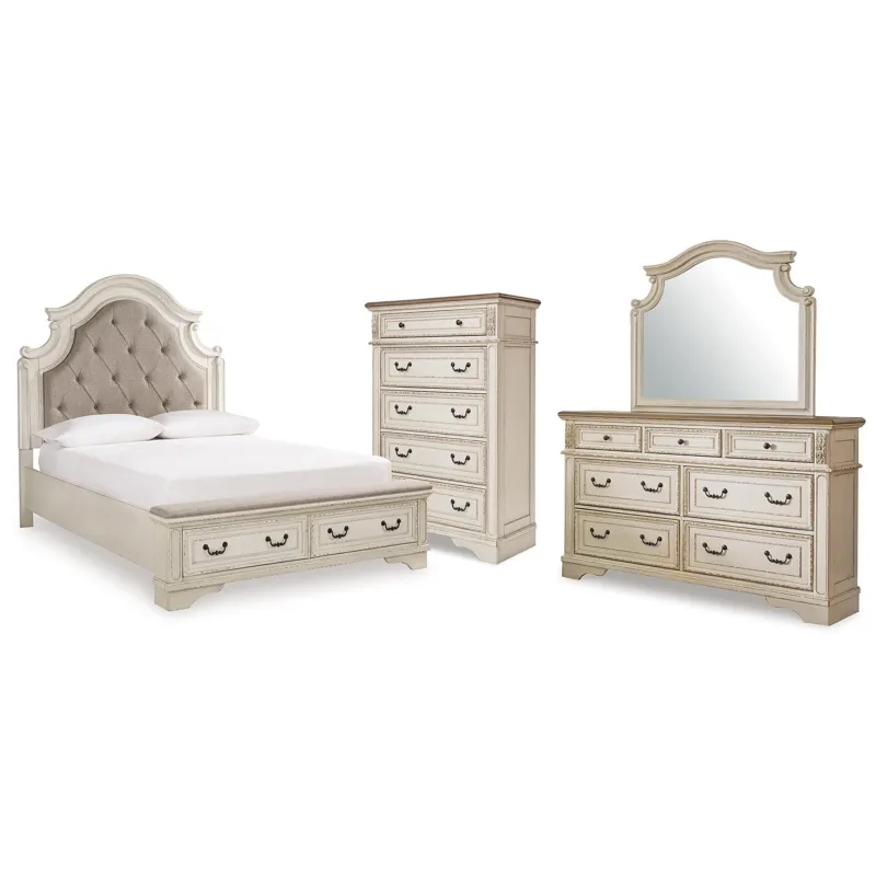 Realyn Queen Upholstered Panel Bed, Dresser, Mirror and Chest