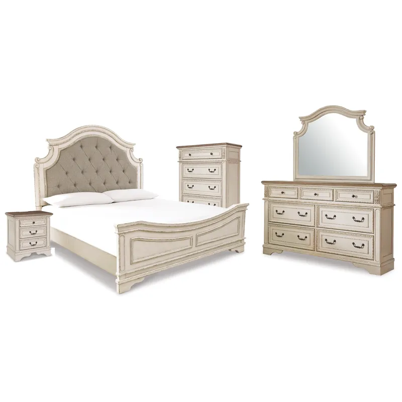 Realyn King Panel Bed, Dresser, Mirror, Chest and Nightstand