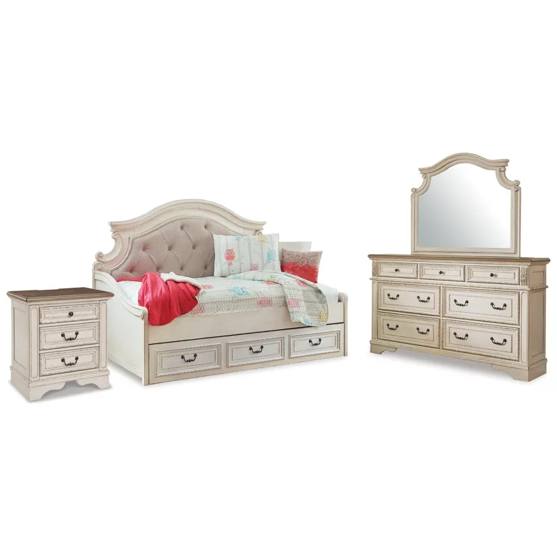Realyn Twin Day Bed with Storage, Dresser, Mirror and Nightstand