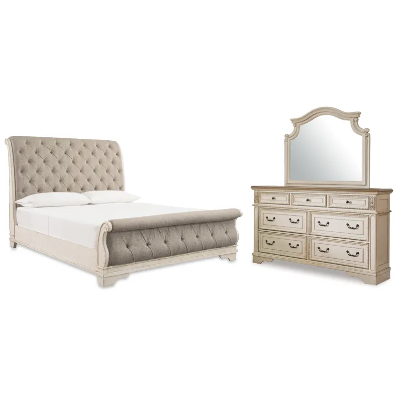 Realyn Queen Upholstered Sleigh Bed, Dresser and Mirror