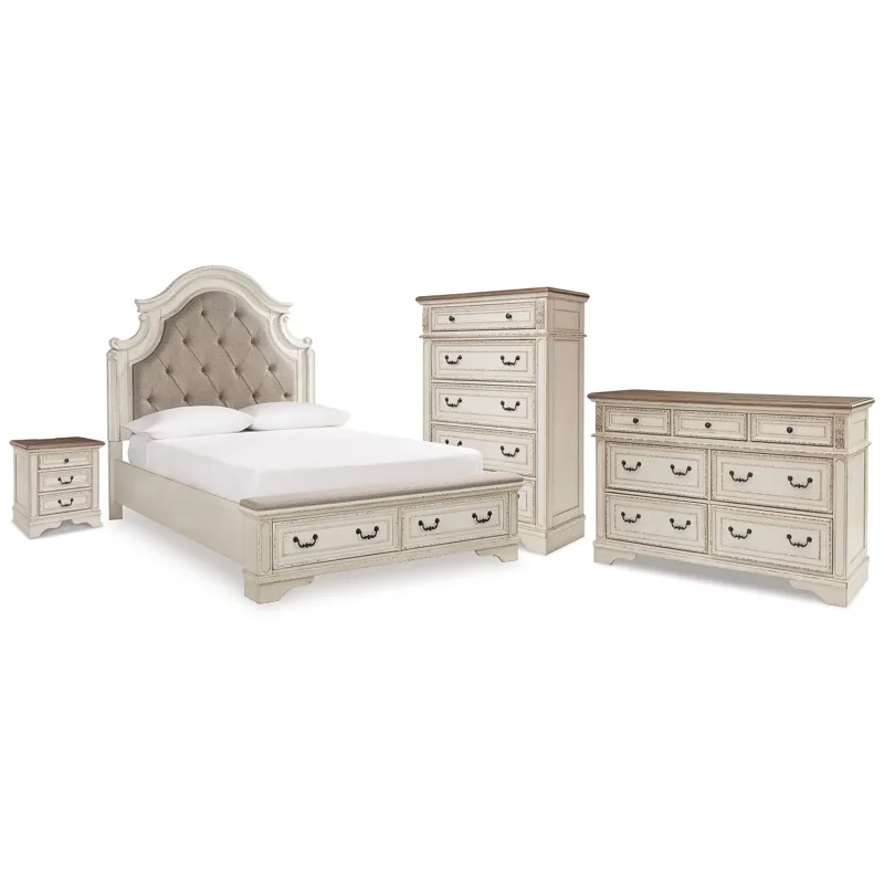 Realyn Queen Upholstered Storage Bed, Dresser, Chest and Nightstand