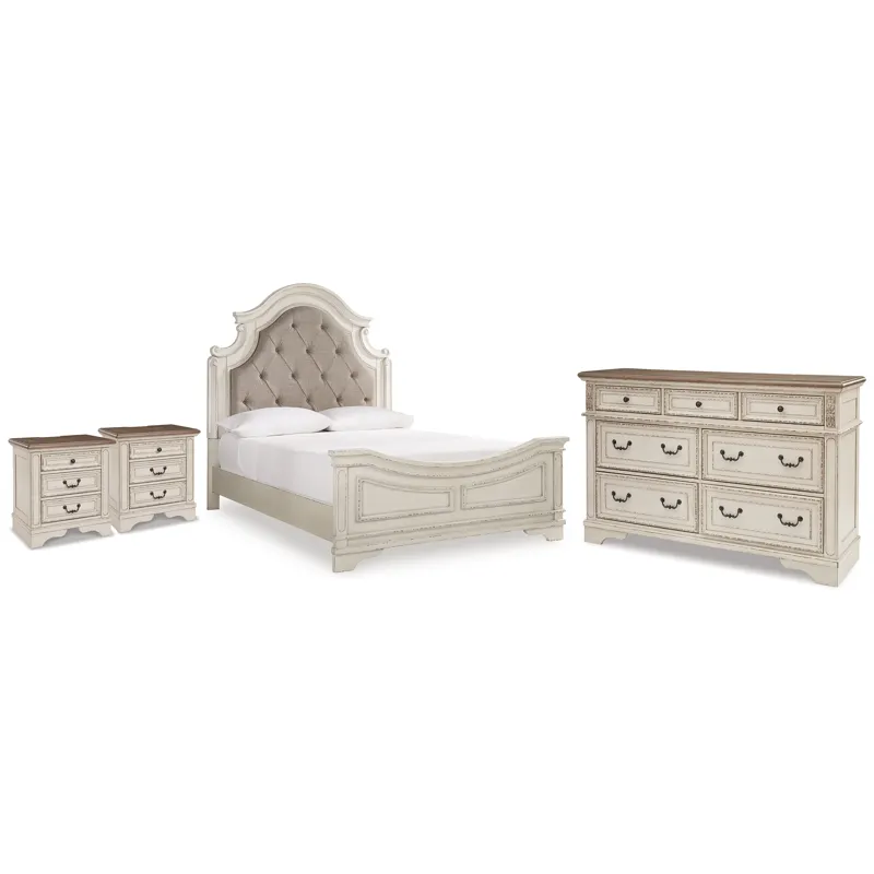 Realyn Queen Upholstered Panel Bed, Dresser and 2 Nightstands