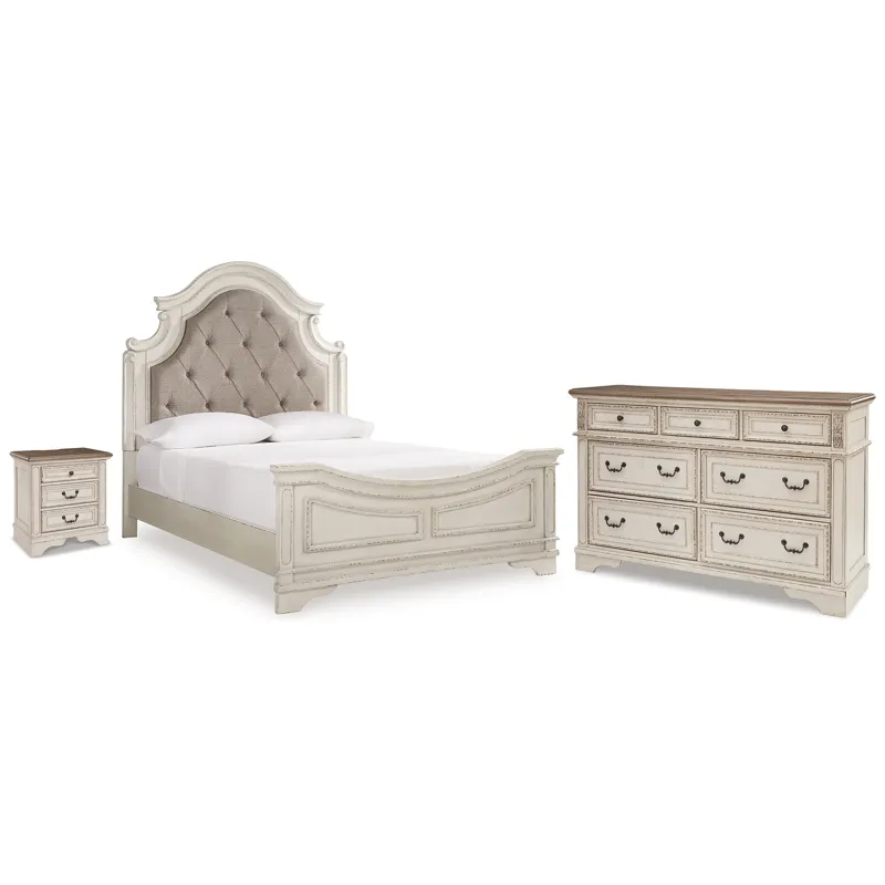Realyn Queen Upholstered Panel Bed, Dresser and Nightstand