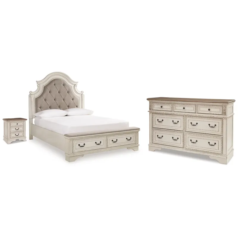Realyn Queen Upholstered Storage Bed, Dresser and Nightstand