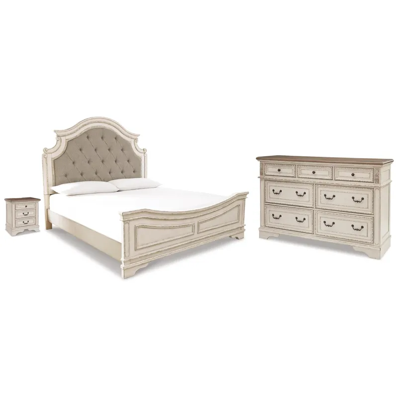 Realyn King Upholstered Panel Bed, Dresser and Nightstand