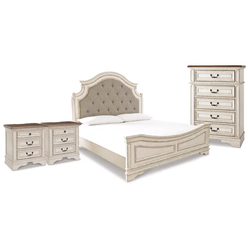 Realyn King Upholstered Panel Bed, Chest and 2 Nightstands