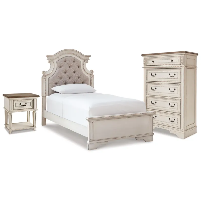 Realyn Twin Panel Bed, Chest and Nightstand