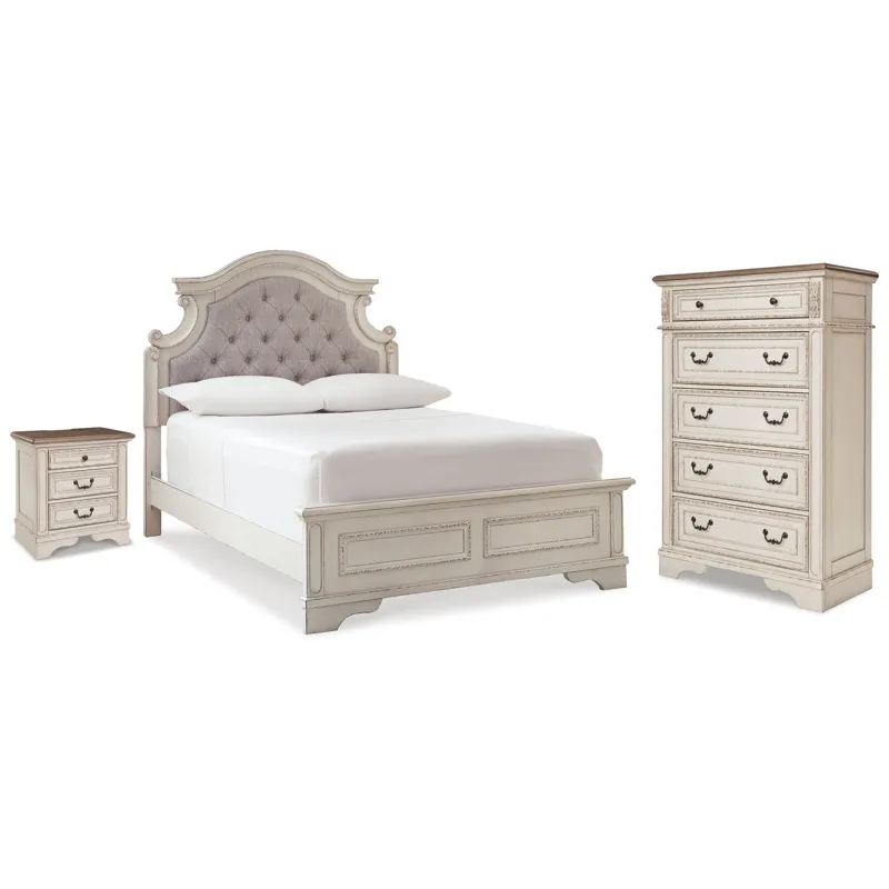 Realyn Full Upholstered Panel Bed, Chest and Nightstand