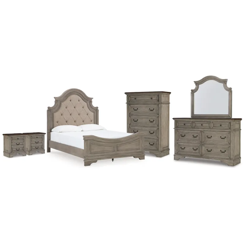 Lodenbay Queen Upholstered Panel Bed, Dresser, Mirror, Chest and 2 Nightstands
