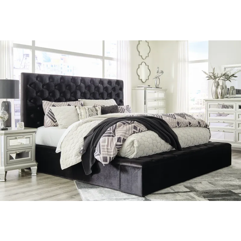Lindenfield California King Upholstered Storage Bed, Dresser, Mirror and Nightstand