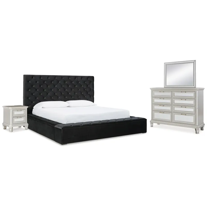 Lindenfield California King Upholstered Storage Bed, Dresser, Mirror and Nightstand