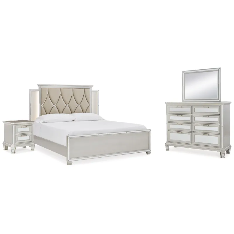 Lindenfield King Upholstered Panel Bed, Dresser Mirror and Nightstand