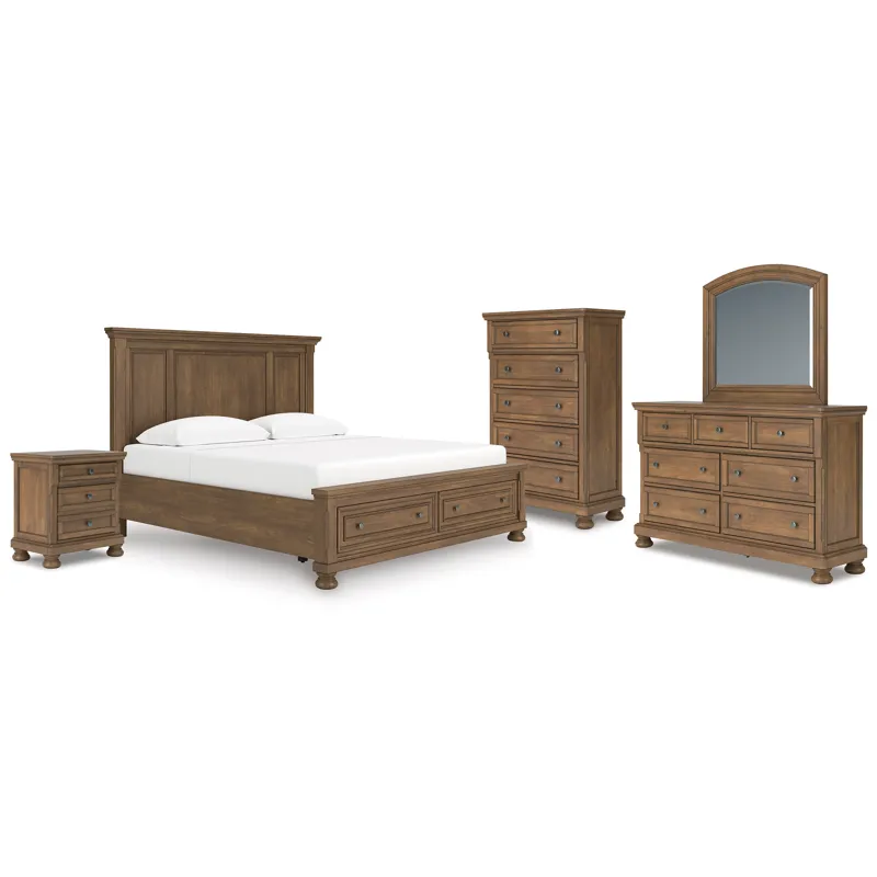 Vandenmore King Panel Storage Bed, Dresser, Mirror, Chest and Nightstand