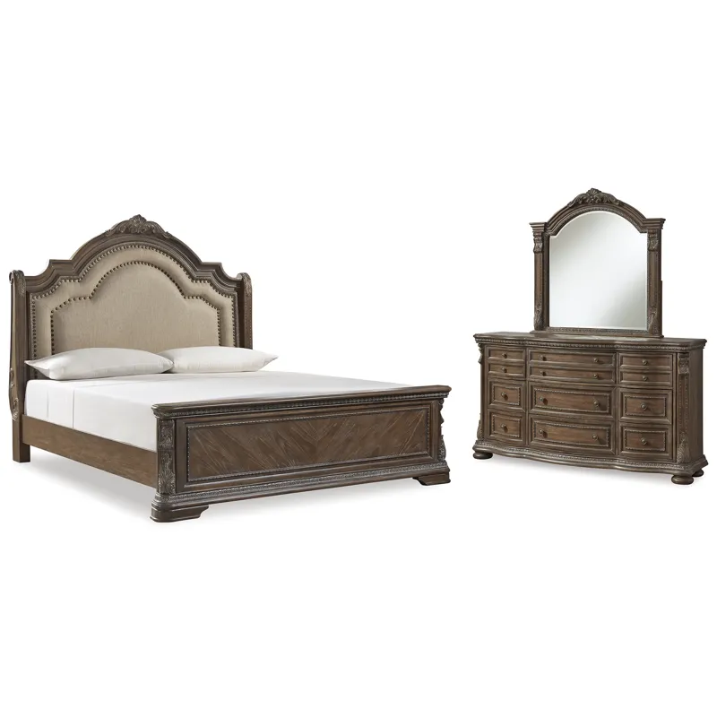 Charmond Queen Upholstered Sleigh Bed, Dresser and Mirror