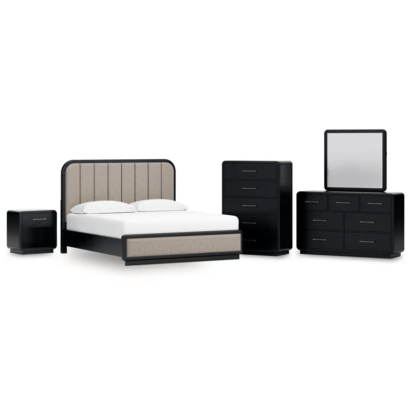 Rowanbeck King Panel Bed, Dresser, Mirror, Chest and Nightstand