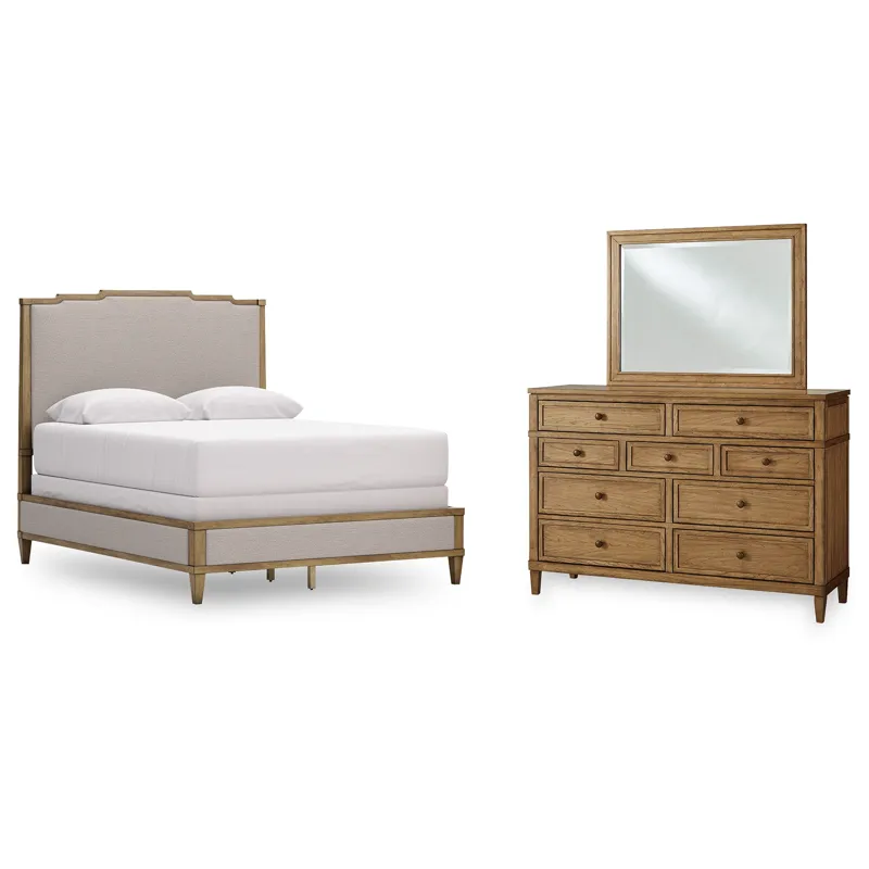 Sharlance Queen Upholstered Panel Bed, Dresser and Mirror