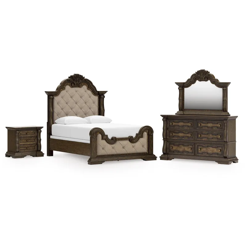 Maylee Queen Upholstered Panel Bed, Dresser, Mirror and Nightstand