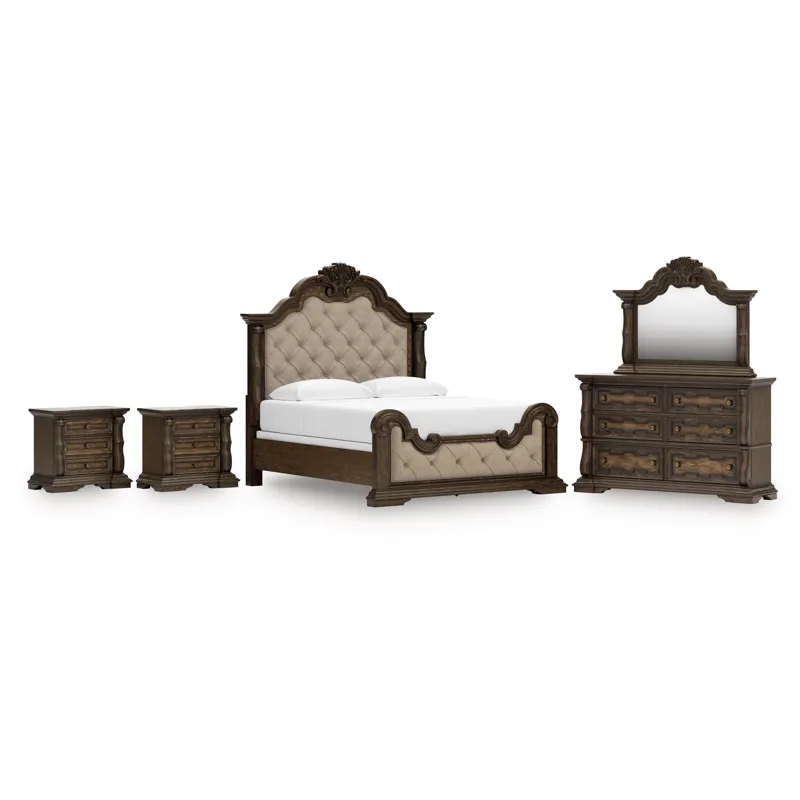 Maylee King Upholstered Bed, Dresser, Mirror and 2 Nightstands