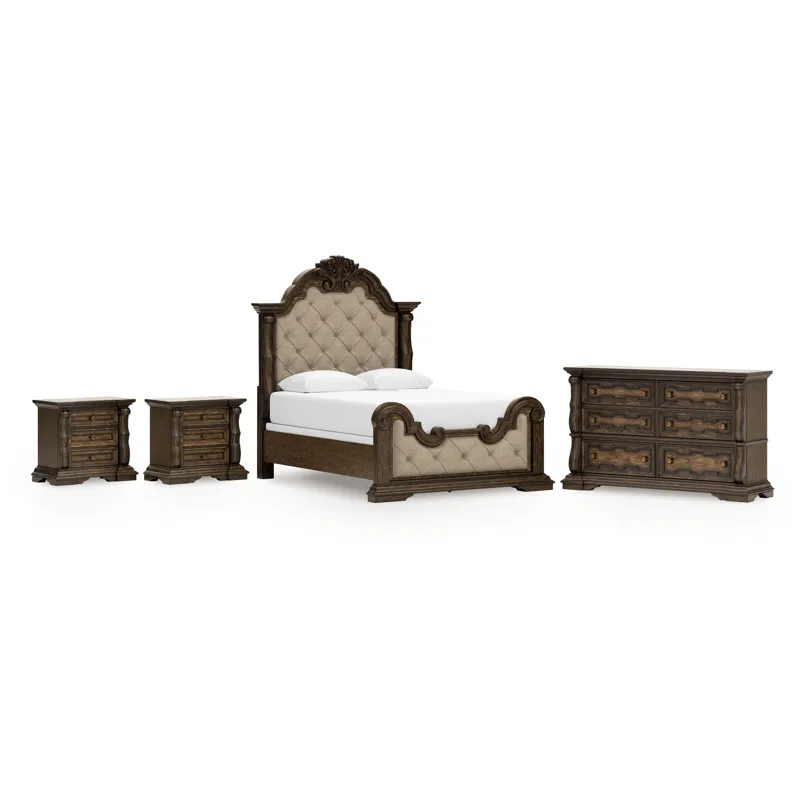 Maylee Queen Upholstered Panel Bed, Dresser and 2 Nightstands