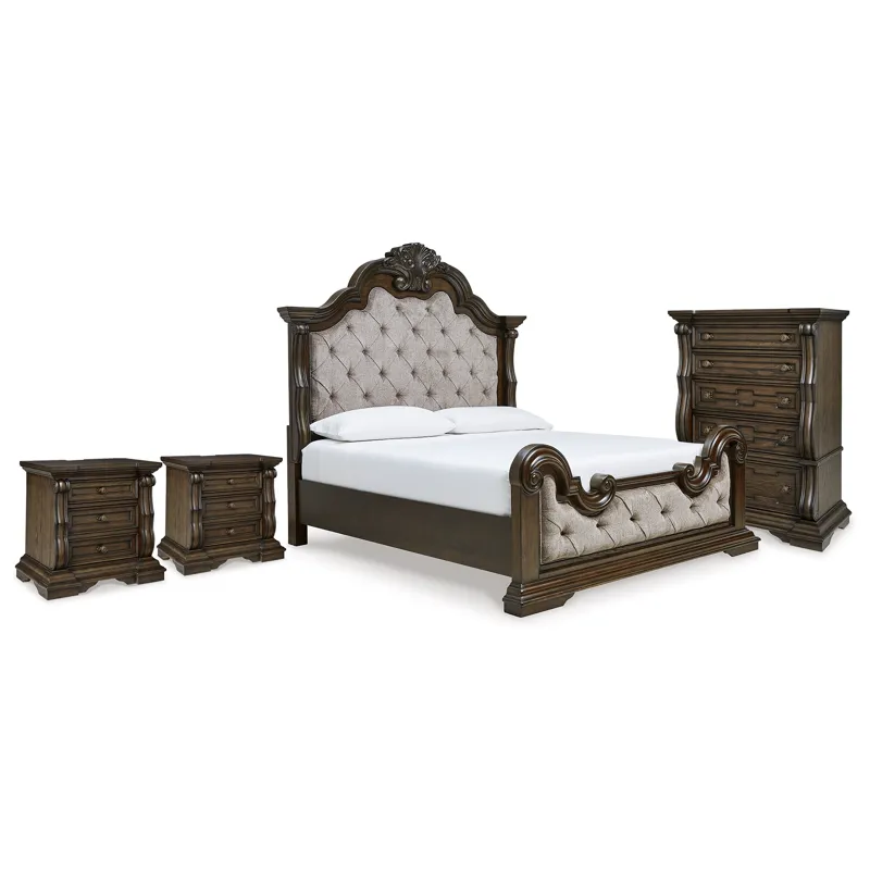 Maylee King Upholstered Panel Bed, Chest and 2 Nightstands