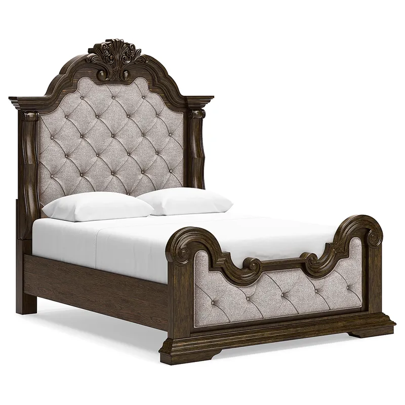 Maylee Queen Upholstered Panel Bed, Dresser, Mirror and Nightstand