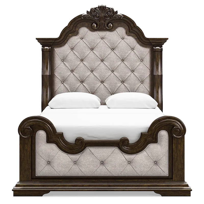 Maylee Queen Upholstered Panel Bed, Dresser, Mirror and Nightstand