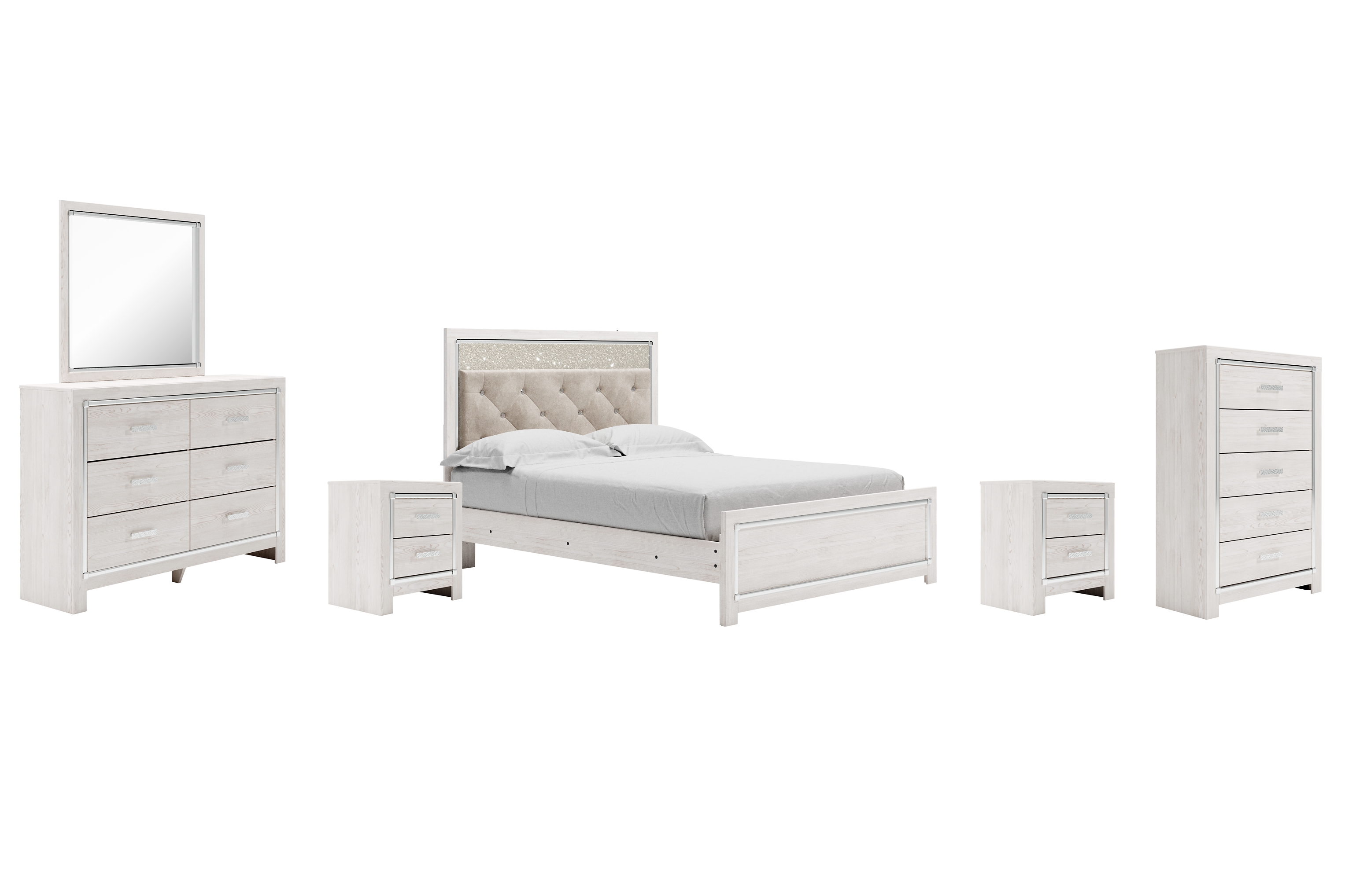 Altyra Queen Upholstered Panel Bed, Dresser, Mirror, Chest and 2