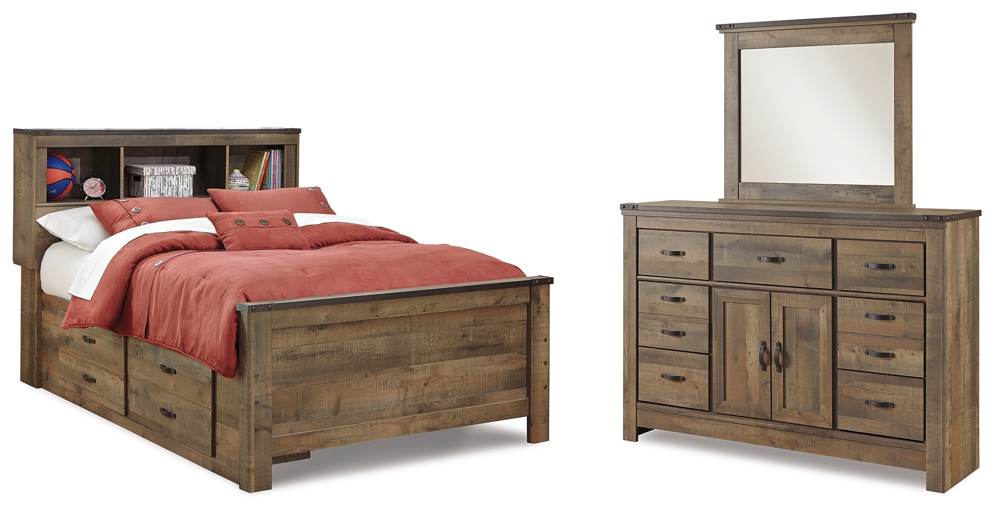 Trinell Full Bookcase Bed with Storage with Mirrored Dresser