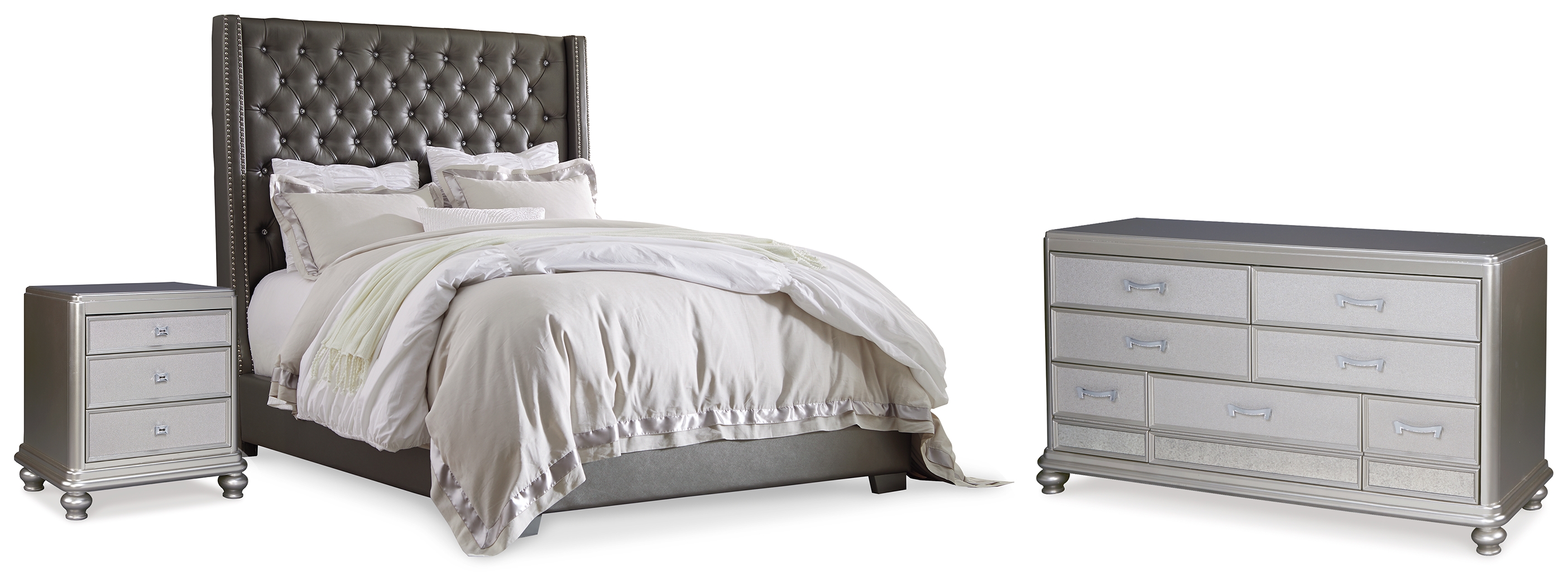 Coralayne Queen Upholstered Panel Bed, Dresser and Nightstand