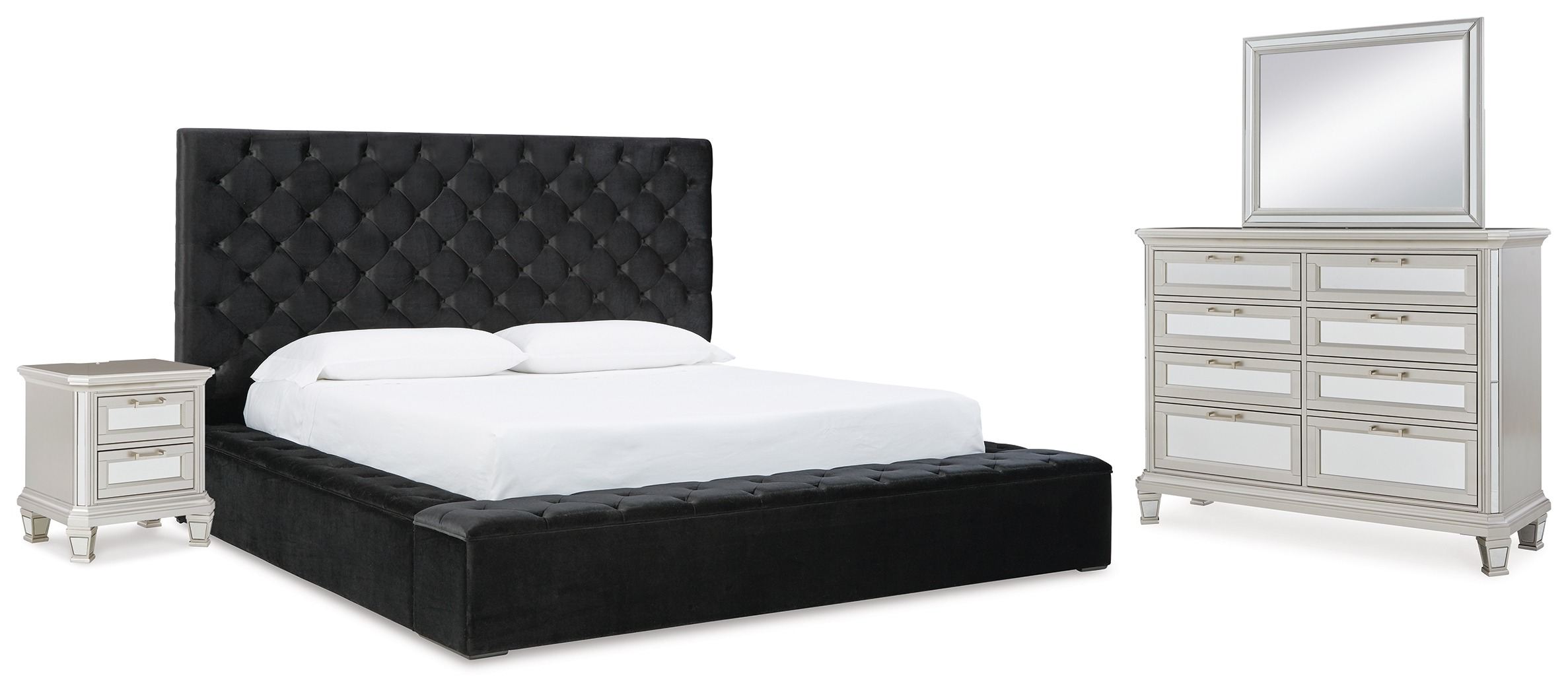 Lindenfield California King Upholstered Storage Bed, Dresser, Mirror