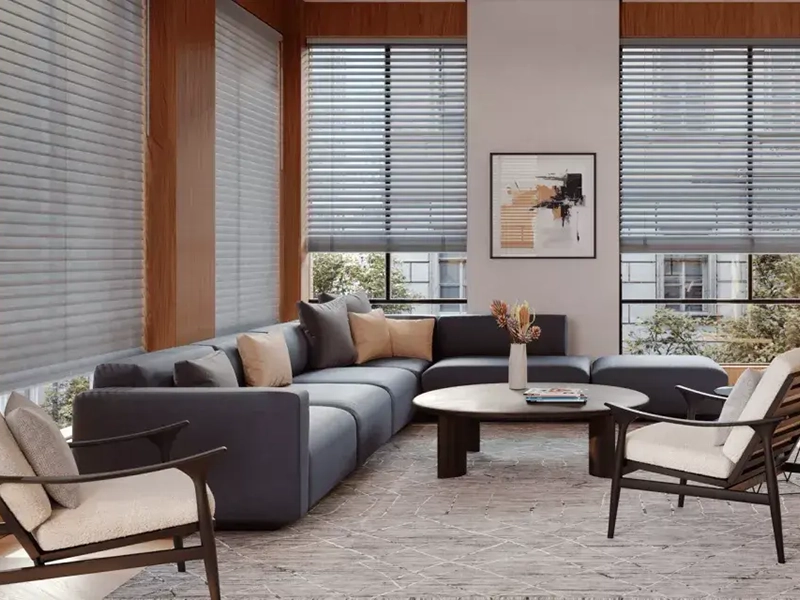 Custom Hunter Douglas blinds in a living room