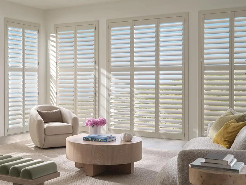 White plantation shutters in a dining room