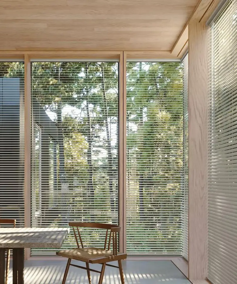 Living room with Hunter Douglas shades filtering natural light