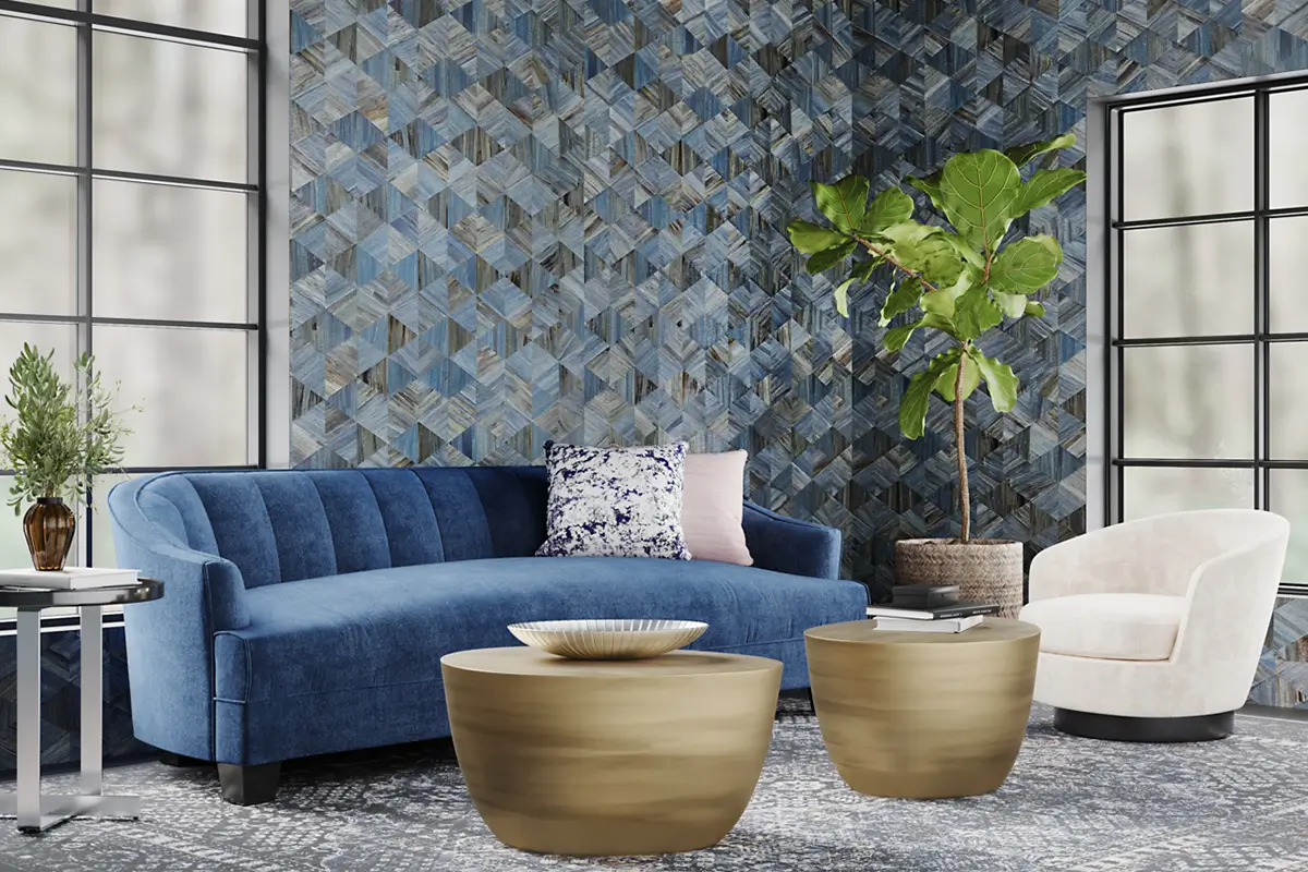 Living room with a richly textured wallcovering accent wall