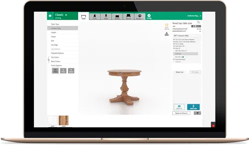 The U-Design configurator shown on a laptop, previewing a custom dining table