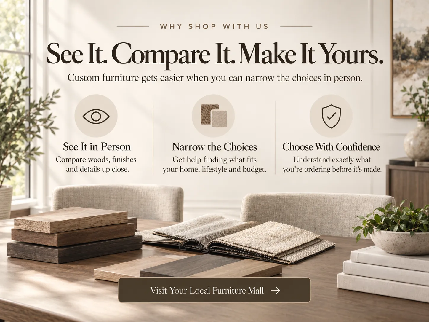 Why Shop MAVIN at Furniture Mall Furniture Mall helps guests compare MAVIN wood species, finishes and design options in person with guidance from a Home Solution Specialist.