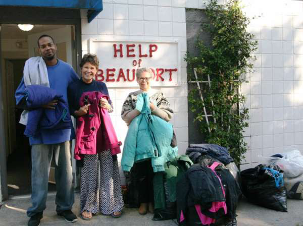 Photo from the annual coat drive showing coats given away