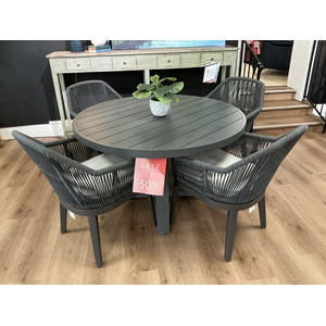 Outdoor Brushed Black Aluminum & Rope Round Table & 4 Chairs