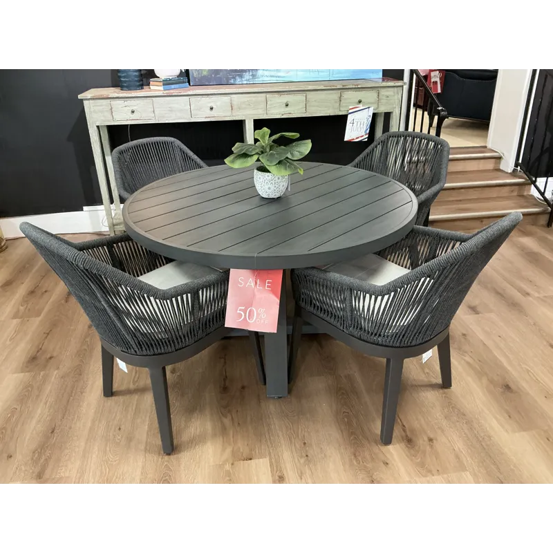 Outdoor Brushed Black Aluminum & Rope Round Table & 4 Chairs