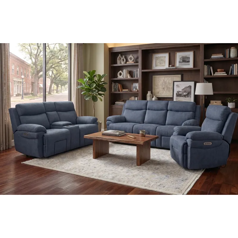 Main Street Triple Power Reclining Sofa, Loveseat, &amp; Recliner - Midnight