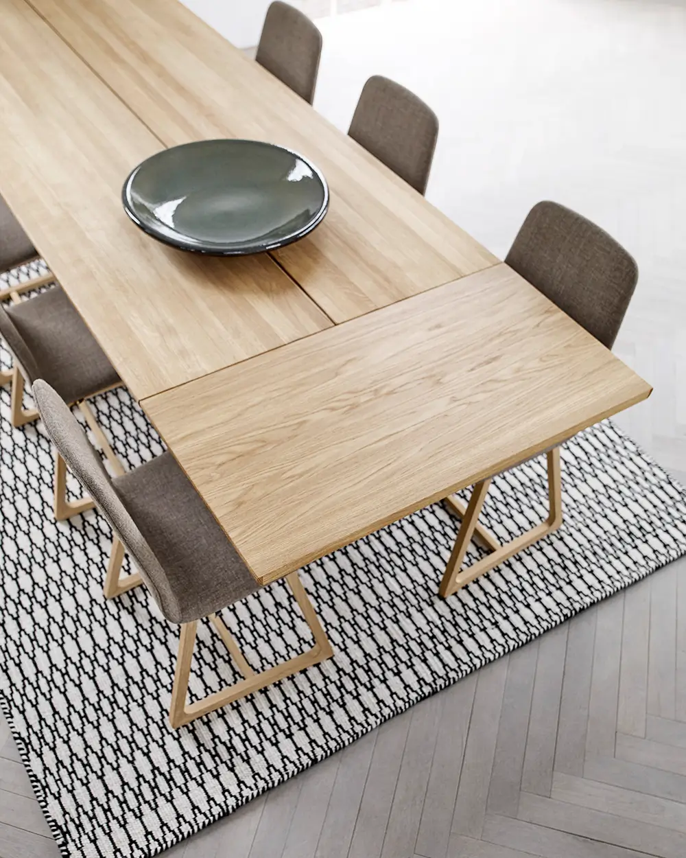 A dining table with chairs
