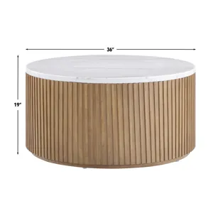 Colvin 36" Round White Marble Top Coffee Table, Toffee