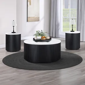Colvin 36" Round White Marble Top Coffee Table With Casters, Black Finish