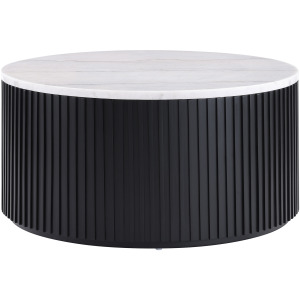 Colvin 36" Round White Marble Top Coffee Table, Black Finish