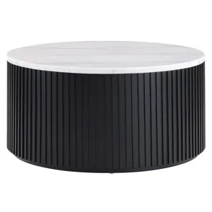 Colvin 36" Round White Marble Top Coffee Table, Black Finish