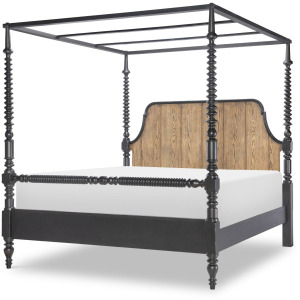 Vintage Market Bobbin Post Queen Canopy Bed - Barnwood / Kettle Black