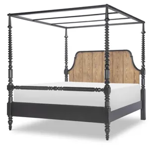 Vintage Market Bobbin Post Queen Canopy Bed - Barnwood / Kettle Black