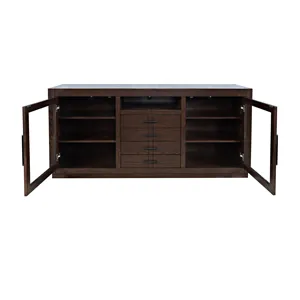 Auburn Hills 70" Contemporary Media Console With Tempered Glass Doors, Drawers And Adjustable Shelv