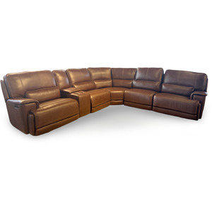 London Walnut Leather 6 Piece Power Reclining Sectional